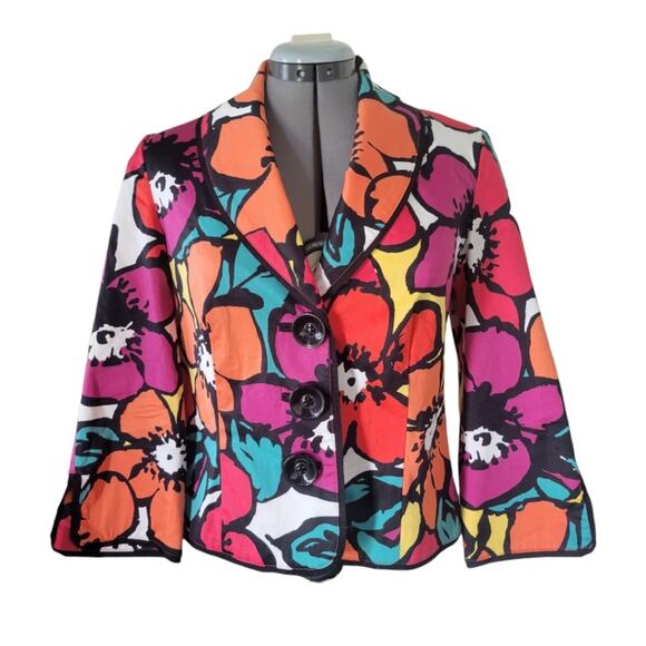 Cotton Floral Jacket Blazer Size 4 Bright Colors Pink Orange Turquoise Office - Picture 2 of 10